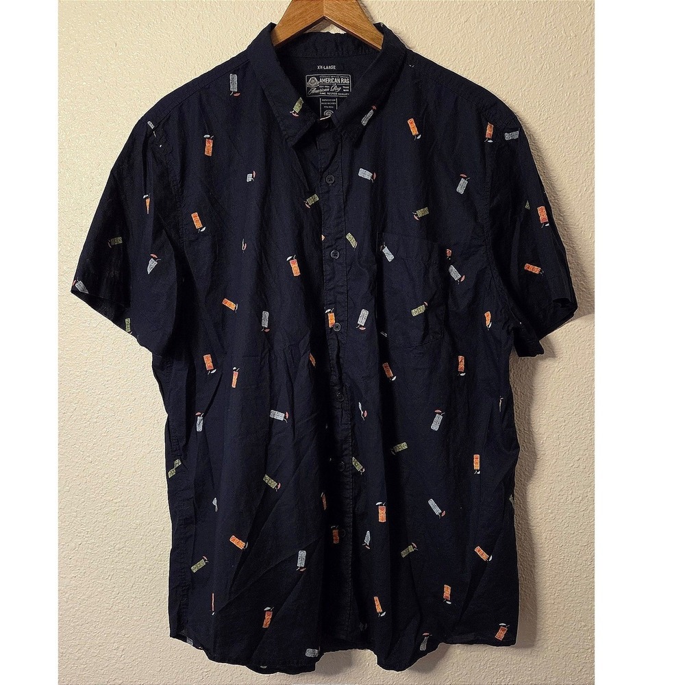 Tropical Cocktail Print Button Up XXL Black Cotton Resortcore Vacation